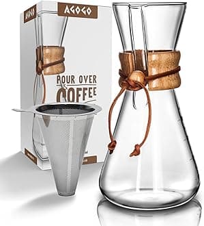 AGOGO Pour Over Coffee Maker Set Woodneck Drip Pot 304 Stainless Steel Filters Brush Cleaning Rags 6 Cup