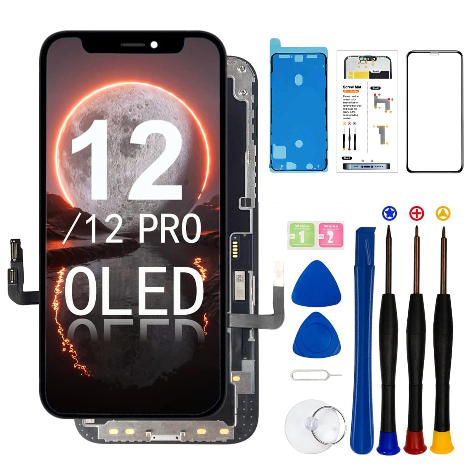 for iPhone 12/12 Pro OLED Screen Replacement Kit [ NOT LCD ] 6.1 inch Full HD Display 3D Touch Screen Digitizer Full Assembly + Repair Tools + Screen Protector