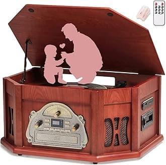 10-in-1 Wood Classic Turntable Stereo System with Bluetooth Connection, Vinyl Record Player, AM/FM, CD, Cassette, USB, SD Slot. 2 Built-in Speakers, Remote Control, MP3 Player, Espresso