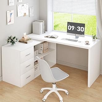 HSH White L Shaped Computer Desk with 3 Drawers and 2 Shelves, Reversible Home Office Corner Desk for Writing Study Work Executive, 140cm Bedroom Wood Table Workstation Desk with Storage Cabinet