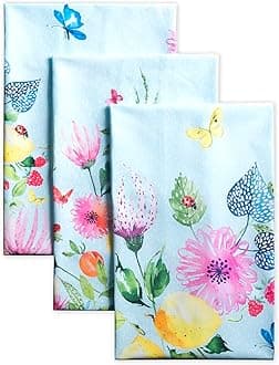 Maison d' Hermine Kitchen Towels Set of 3 100% Cotton 27.50" x 20" Reusable Cloth Tea Dish Towels Absorbent with Hanging Loop for Kitchen Easter Decorations Spring/Summer (Jardin D'Ete - Fog)