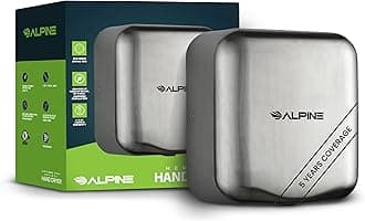 Alpine Industries 400-10-SSB Alpine Hemlock Automatic Hand Dryer - Heavy Duty Stainless Steel - Commercial High Speed Hot Air Hand Blower | 1800Watts | 110-120Volts | Quick & Easy Installation, Brushed Stainless Steel