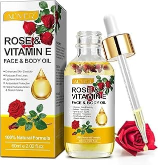 Rose & Vitamin E Face & Body Oil 60ml, 100% Natural Organic Rose Face Body Oil, Reduce Fine Lines, Lighten Skin Spots, Antioxidant, Reduce Scars & Stretch Marks, Nourish Skin & Anti Aging