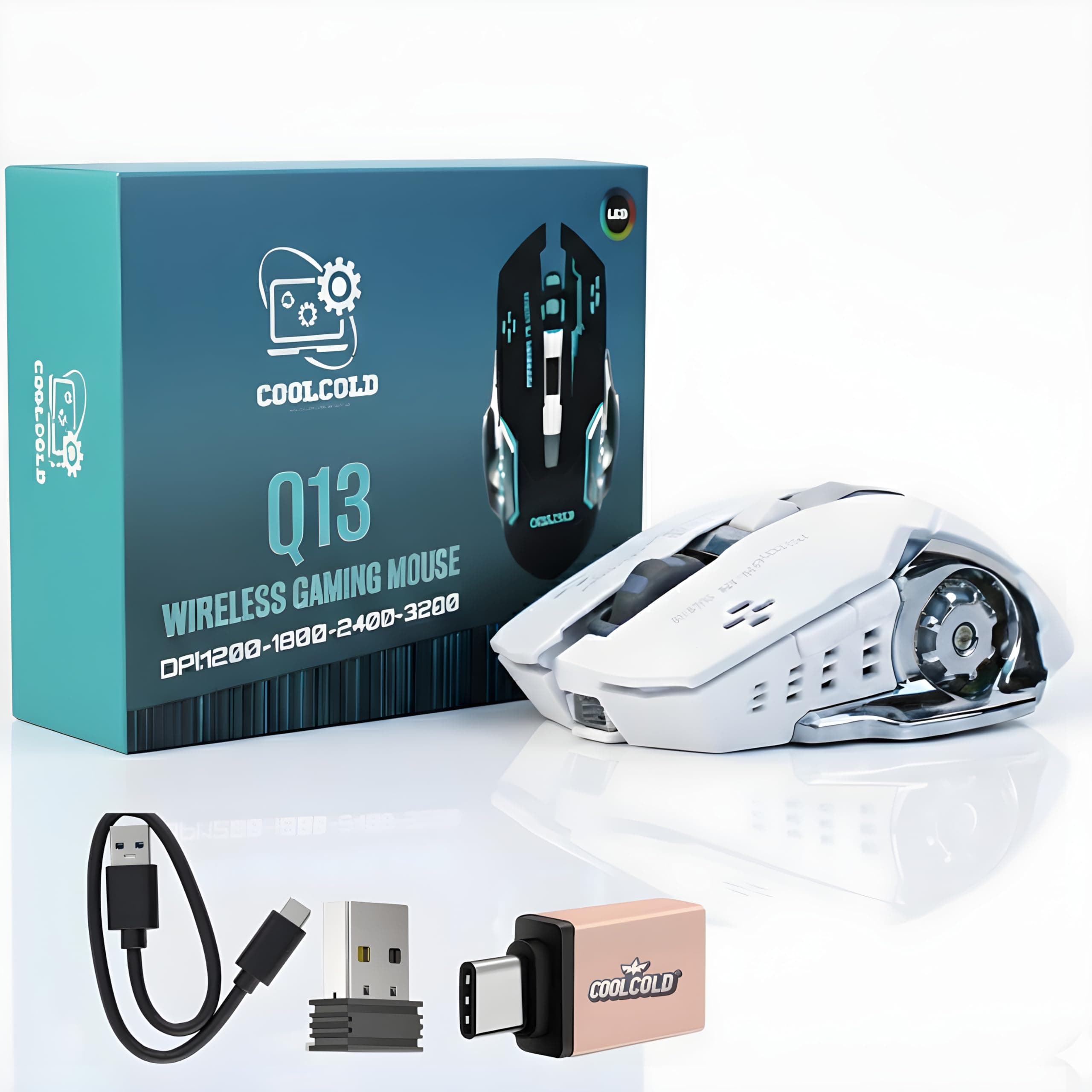 COOLCOLD Gaming Mouse | Rechargeable, Wireless Gaming Mouse | with Type c OTG Dongle, 2.4Ghz RGB Lights Mice, Upto 2400 DPI 6 Button, 4 Color Breathing Lights, Distance-10m, (White)