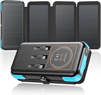 SOARAISESolar Charger 25000mAh Wireless Portable Charger, 20W Fast Charging Power Bank with Built-in 3 Cables, PD QC 3.0 Phone Battery Pack with 4 Solar Panels & Flashlights for Camping (Blue)