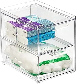 mDesign Stackable Storage Containers Box with 2 Pull-Out Drawers - Stacking Plastic Drawer Bins for Master or Guest Bathroom, Linen Closet, Vanity, or Makeup Table - Lumiere Collection -Clear