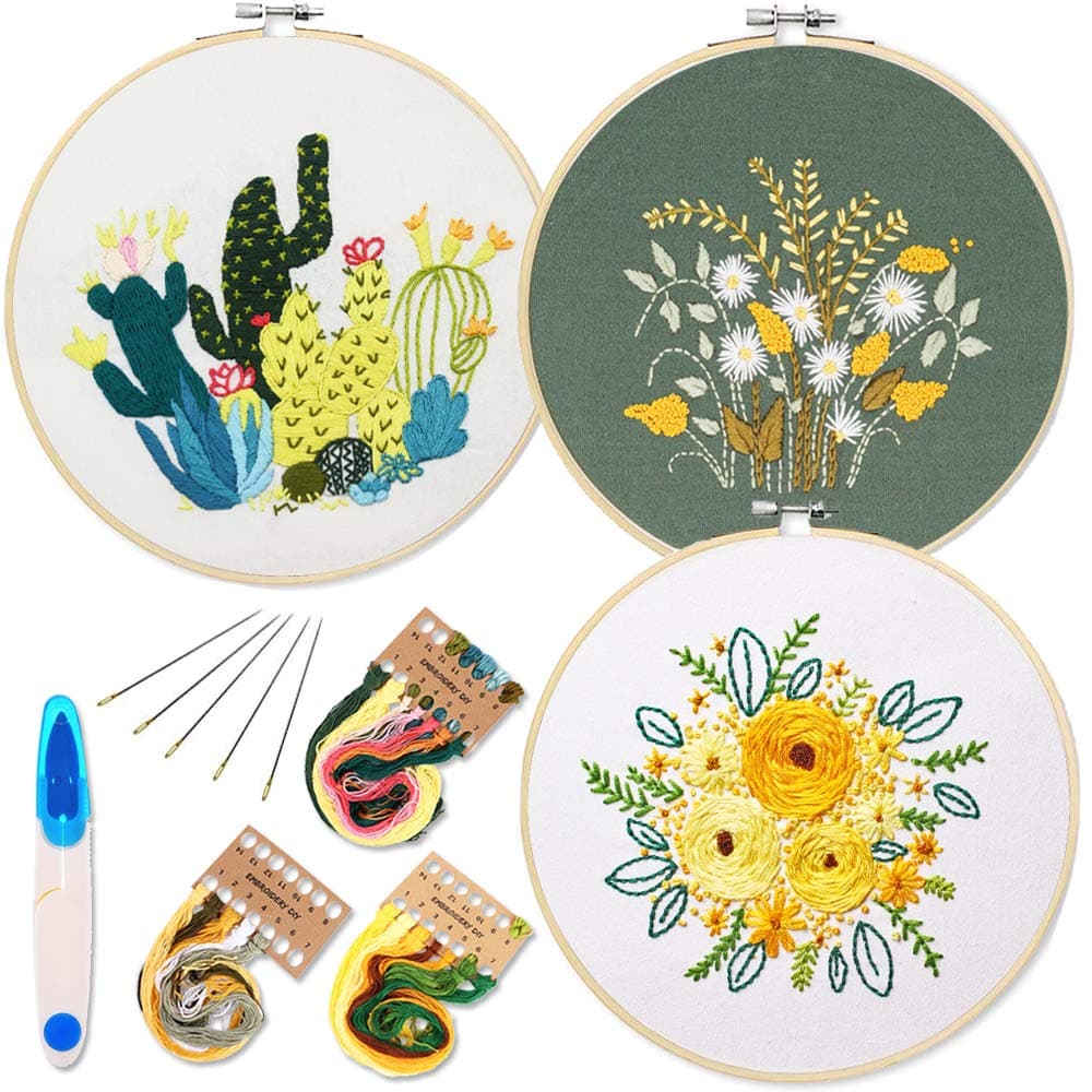 ENTHUR 3 Pack Embroidery Starter Kit with Pattern and Instructions, Full Range of Stamped Embroidery Kits with 3 Embroidery Clothes with Plants Flowers Pattern, Color Threads Tools Kit (Catus&Daisy)