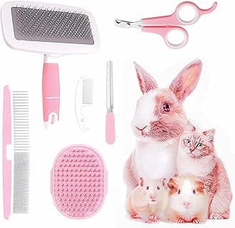 Small Animal Pet Grooming Kit with Pet Shedding Slicker Brush, Bath Massage Glove, Pet Grooming Comb, Nail Clipper Trimmer for Rabbit, Puppy, Kitten, Guinea Pig, Hamster, Ferret (Pink)