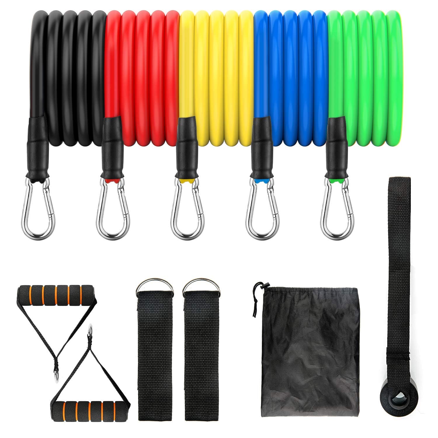 EDIMENS 11 Pack Resistance Bands Set, Portable Stackable Up to 100 Lbs (5 Stackable Exercise Bands with Door Anchor, 2 Foam Handle,2 Ankle Straps, Carry Pouch) - Home Workouts, Physical Gym Training