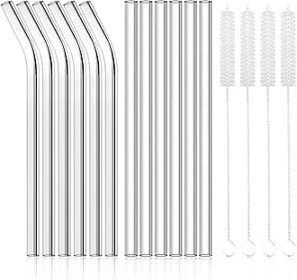 AKONEGE 12 Pack Reusable Glass Straws - Clear Glass Drinking Straws, 8.5''x10MM, 6 Straight & 6 Bent, 4 Cleaning Brushes for Smoothies, Milkshakes, Tea, Juice, Hot & Frozen Drinks
