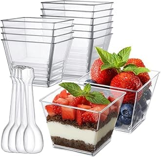 3.8 oz Plastic Dessert Cups with Spoons 50 Pack, Clear Square Mini Dessert Cups Appetizer Cups Parfait Cups Tumbler Cups for Mousse Puddings, Party Supplies