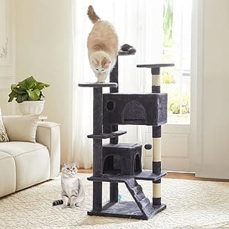 54-inch Indoor Cat Tree Tower –Multi-Level Pet House for Large Cats with 2 Condos, Scratching Posts, Round Platform, Small Ladder, and Toys – Perfect for Cats of All Ages, Dark Grey
