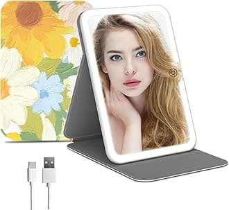 Rechargeable Travel Lighted Makeup Mirror with PU Leather Cover, Portable Travel Makeup Mirror with Lights, 3 Color Lighting,Touch Sensor Dimmable, Light Up Tabletop Cosmetic Mirror Folding Flower