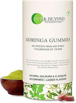 Gut & Beyond Moringa Gummies for Skin, Eye, Hair Gummies for Vitality, Boosts Brain Function & Immunity, Hormonal Balance, Heart, Liver & Bone Health with Vitamins A, C, E, Lemon Flavour, 60 Gummies