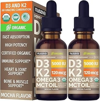 NUSAVA (2 Pack) Organic Vitamin D3 K2 Drops with MCT Oil Omega 3, 5000 IU, Maximum Strength Vitamin D Liquid, No Fillers, Non-GMO Liquid D3 for Faster Absorption and Immune Support (Mocha, 2 Fl Oz)