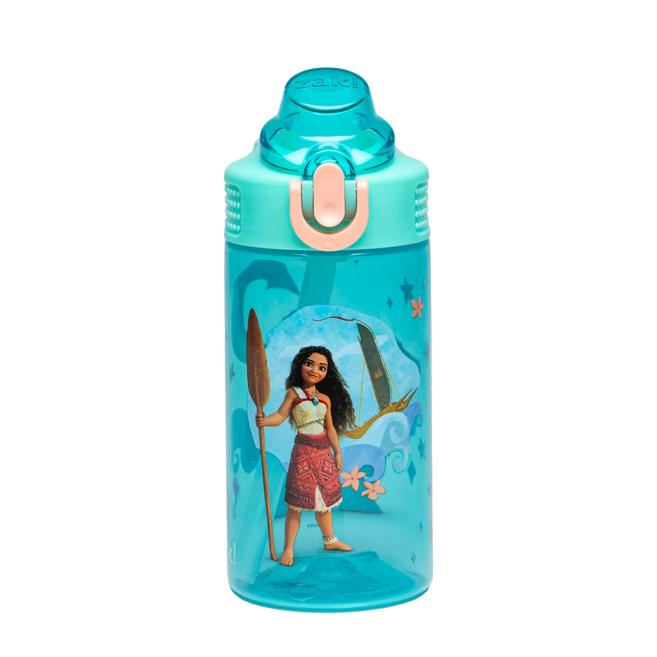 Zak Designs Disney Moana Sage Kids Water Bottle For School or Travel, 16oz Durable Plastic Water Bottle With Straw, Handle, and Leak-Proof, Pop-Up Spout Cover (Moana, Maui)