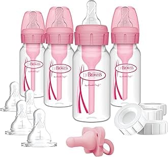 Natural Flow Anti-Colic Options+ Narrow Breast to Bottle Pump & Store Feeding Set with Slow Flow Nipples, Baby Bottle Travel Caps and 100% Silicone HappyPaci One-Piece Pacifier, Pink
