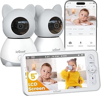 ieGeek Baby Monitor with 2 Cameras, 5" Large Screen Split-Screen Video Baby Monitor | 2K HD Non-WiFi Monitor with App & Parent Unit | Night Vision, 2-Way Audio, Cry Detection, Temperature Sensor