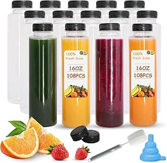 Holotap 108 Pcs 16 OZ Disposable Juice Bottles with Caps Bulk, Empty Plastic Bottles with Black Tamper Evident Lids for Juicing, Protein Drinks and Other Beverage Drink Containers.