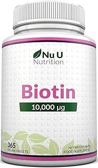 Biotin 10,000mcg - 365 Vegan Micro Tablets - 1 Year Supply - Hair, Skin & Nails Growth Supplement for Women & Men - Made in the UK - Nu U Nutrition