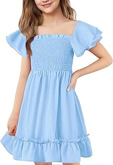 Girls Summer Dress Cute Double Layer Ruffle Sleeve Smocked Off Shoulder Dresses 5-14 Years