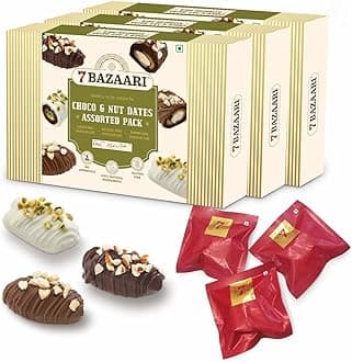 7 BAZAARI™ Premium Choco & Nut Dates - No Added Sugar, Gluten Free, Natural Ingredients - Assorted Almond Dark Chocolate, Cashew Milk Chocolate- 6pcs (Pack of 3)