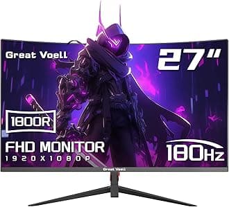 Great voell 27-Inch Curved Gaming Monitor, 180Hz, FHD (1920x1080P), HDR, 99% sRGB, FreeSync, Anti-Blue Light, VESA Mountable, HDMI 2.0 & DP 1.4, Tilt Adjustable, 16:9 PC Screen