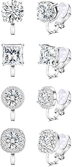 Thunaraz Cubic Zirconia Clip on Earrings - Women Hypoallergenic Comfortable Non Pierced Stud Earrings for Wedding and Dance Competitions, Clip-on Earrings Silver Gold