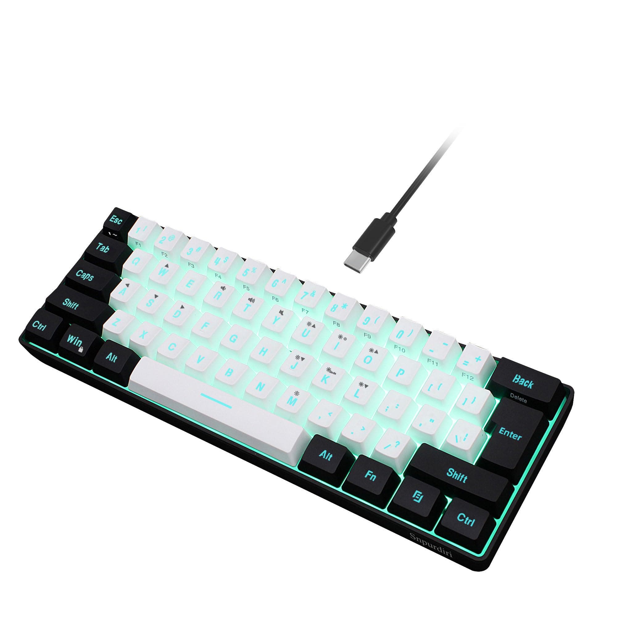 Snpurdiri Gaming Keyboard, Quiet, Wired, Compact, Numeric Keyless, Space Saving, Compact, Membrane Type, 61 Keys, RGB Light, Compatible with Windows/Mac (Black & White)