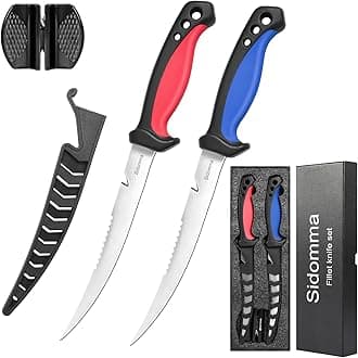 Sidomma 2 pcs Fishing Fillet Knife Set 6.5 inch Pro Fishing Knives for Filleting Fish and Boning Meat, Sharp Stainless Steel Blade Non-Slip Handle, Knife Sharpener and Protective Sheath
