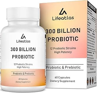 Lifeatlas 300 Billion CFU Probiotics - Probiotics for Women and Men, 12 Probiotic Strains Plus Prebiotic, for Immune & Digestive, Gut Health, Gas Bloating, Shelf Stable - 60 Capsules, Pack of 1
