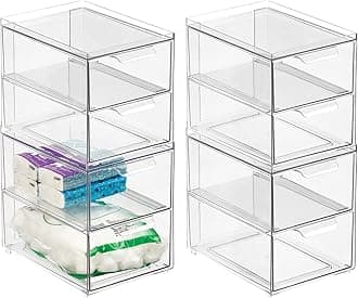 Stackable Storage Containers Box with 2 Pull-Out Drawers - Stacking Plastic Drawer Bins for Master or Guest Bathroom, Linen Closet, Vanity, Makeup Table Lumiere Collection 4 Pack, Clear