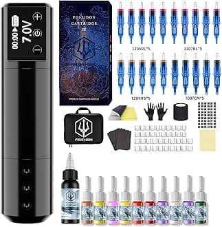 POSEIDON Wireless Rotary Tattoo Machine Kit with 20 Tattoo Cartridge Needles & Ink Set | Professional Portable Tattoo Gun for Beginners | Complete Starter Supplies (HM125）