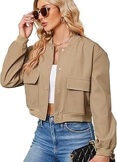 Zando Bomber Jacket Women 2025 - Short Cropped Jacket Women Button Down Long Sleeve Casual Varsity Jackets with Pockets