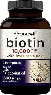 NatureBell Biotin 10000mcg + Hyaluronic Acid 25mg | 360 Coconut Oil Softgels, Premium Biotin Supplement for Hair Skin and Nails*