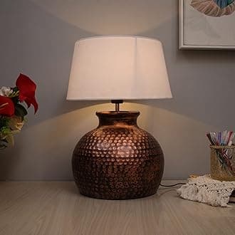 Homesake Antique Hammered Table Incandescent Lamp Oil-Rubbed Bronze Metal Linen Drum Shade For Living Room Family Bedroom, (Pot, Daisy)