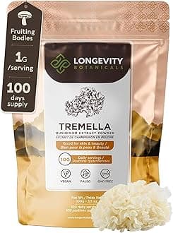 Tremella Mushroom Powder Supplement 100g | Pure Fruiting Body 10:1 High Strength Snow Fungus Extract | 10% Beta-D Glucans | 10 000mg Raw Equivalent Per Serving | No Fillers | Skin Hair Brain Support
