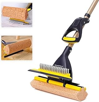 MinuteToCleanIt 3 in 1 Sponge Mop with Squeezer For Floor Cleaning, Honeycomb Sponge, Brush and Wiper for Multipurpose Cleaning of Tile, Glass, Kitchen and Bathroom – 53.2 inch Extendable Pole, Yellow