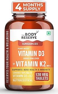 The Body Reserve Vitamin D3 K2 MK7-120 Veg Tablets, 100% RDA Plant-Based Vitamin D3 Supplement from Lichen Source with Vitamin K2 as MK7 Menaquinone