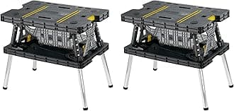 Keter Folding Portable Table Tool Stand Workbench with 2 12" Wood Clamps for Miter Saws, Home Improvement, and Construction, Black & Yellow (2 Pack)