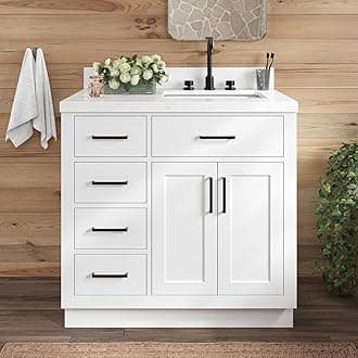Hepburn 36-inch Bathroom Vanity with Sink,Solid Wood, 1.5-inch Carrara White Quartz Countertop & Backsplash, Single Rectangular Porcelain Sink, 2 Soft Closing Doors, 5 Dovetail Drawers, White