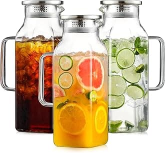 Netany 3 Pack 2 Liters/68 oz Square Glass Pitcher with Lid and Handle for Fridge, Iced Tea and Coffee Carafe Beverage Serveware, Heat Resistant Borosilicate Water Jug for Hot/Cold Drinks and Milk