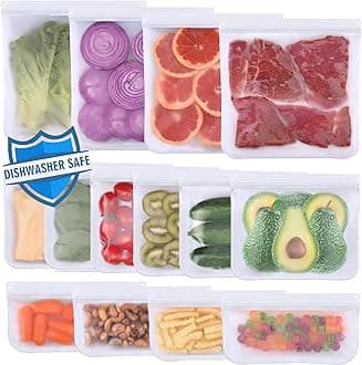 Lerine Dishwasher Safe Reusable Bags, Leakproof Reusable Freezer Bags, BPA Free Food Storage Bags for Lunch Marinate Food Travel (White, 14 Pack-4 Gallon 6 Sandwich 4 Snack)