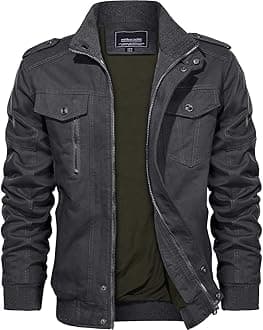 KEFITEVD Men's Jackets Bomber Military Cargo Coat Smart Casual Jacket Stand Collar Cotton Outerwear with Multi Pockets