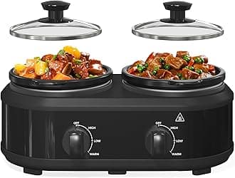 Double Slow Cooker, 2 x 1.25 QT Portable Small Double Can Cooker, Buffet Servers and Heaters Dishwasher Safe, Removable Glass Ceramic Lid, Stainless Steel, Black