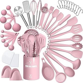 Silicone Cooking Kitchen Utensil Set, AIKKIL 43 Pcs Pink Cooking Utensils Set, Turner, Tongs, Spoon, Spatula, Kitchen Gadgets Tools Set For Nonstick Cookware, Heat Resistant (Dishwasher, BPA Free)