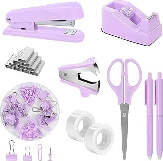 Purple Desk Accessories, Purple Office Supplies Set, Stapler, Tape Dispenser, Scissors, Binder/Paper Clips and 1000pcs Staples,Office Supplies for Women