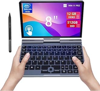 Mini Laptop 8 inch HD Touchscreen Portable 2 in 1 Computer, Win 11 Pro Small Gaming Laptop, N150 12 GB LPDDR5 512 GB M.2 SSD,WiFi 6,BT5.2 2 MP Camera,G-Sensor,HDMI,Type C