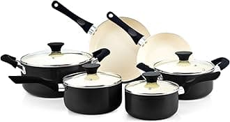 Cook N Home 10 Piece Non-Stick Ceramic Cookware Set, Kitchen Non-Stick Cooking Set, Sauce Pan, Fry Pan, Dutch Oven Pot with Lid, Black