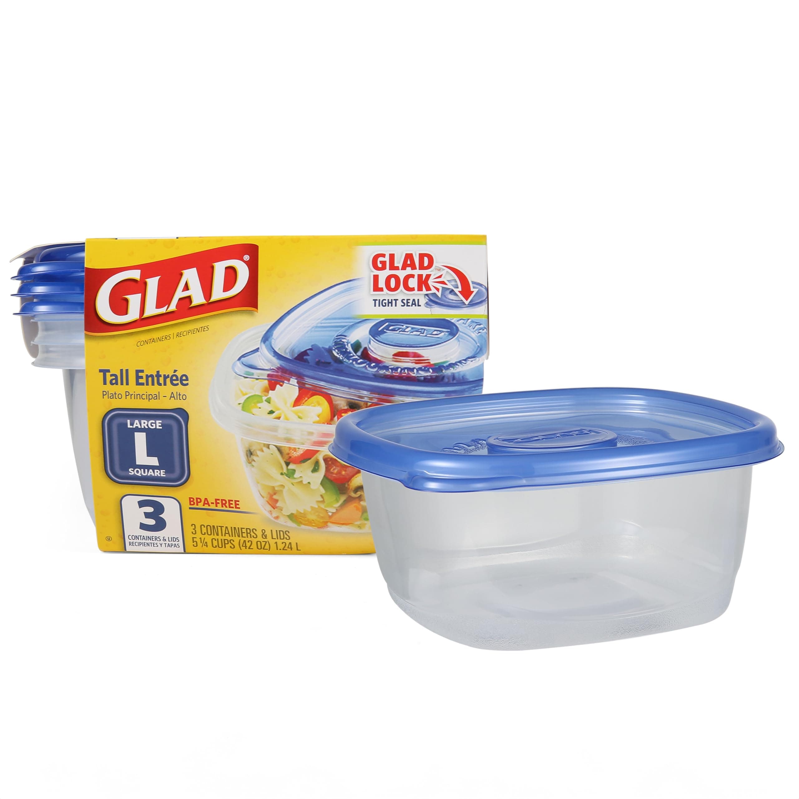GladWare Tall Entree Food Storage Containers with Lids, Large Square No BPA Plastic for Meal Prep and Lunches, Lock Tight Seal, Microwave and Dishwasher Safe, 42 Oz, 3 Count